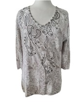 LEO GUY PARIS.. Beige & White 3/4 Sleeve Studded V Neck Jumper Sz 16/18