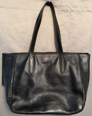 Fossil Sydney Shopper Tote Bag Purse Leather Black Large Zip Top Inside Pockets