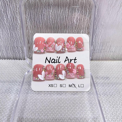 Handmade Press on Nails Square Short Fake Nails Pink French Tip with 3D Flower D