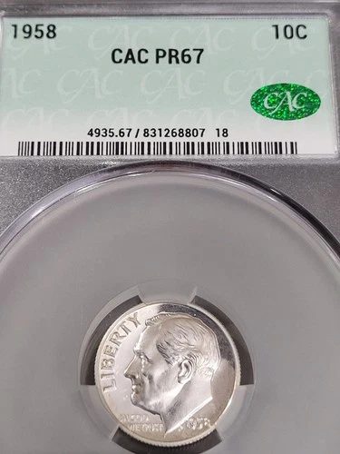 Rare 1958 P Roosevelt Dime Gem Proof 90% Silver CAC PR67 8807 LINES ON TORCH