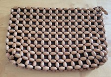 Vintage Wooden Beaded Clutch Purse Mid Century Hand Strung Zipper Bag