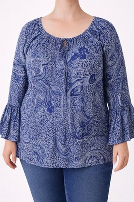 FashionWeb Plus XL Blue Paisley Animal Print Scoop Neck Bell Sleeve Top