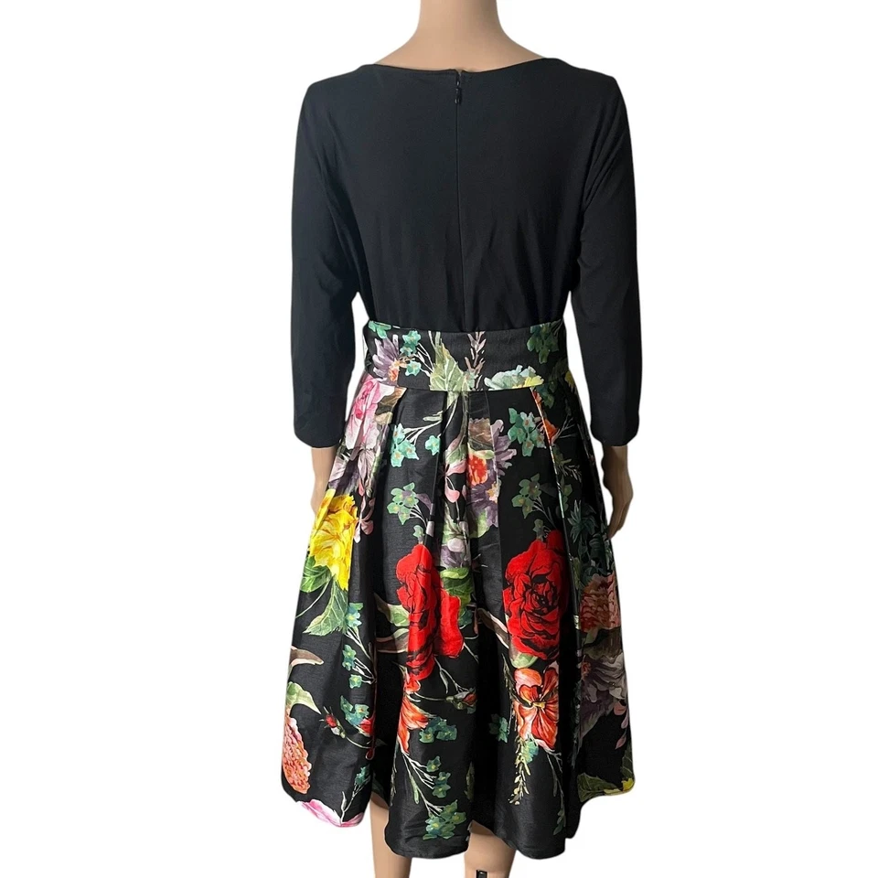eShakti Fit Flare Dress Women’s M 10 Black Floral Midi Pleated Skirt 3/4 Sleeve - Image 3 of 4