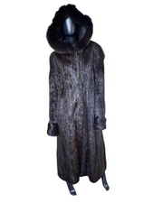 Beaver fur long brown  coat with hood, L-XL