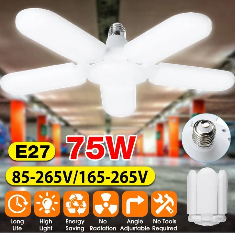 E27 LED Bulb Super Bright Foldable Garage Light Fan Blade Ceiling