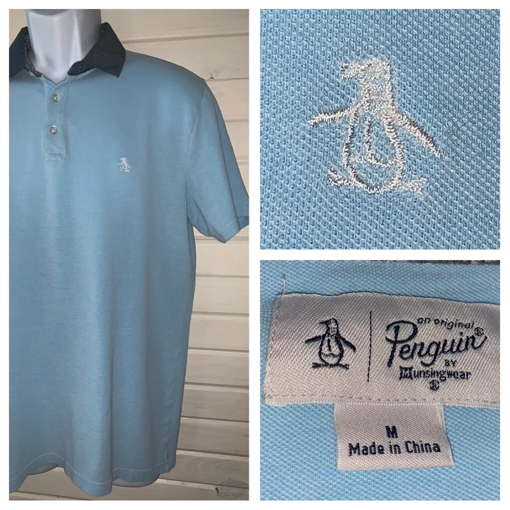 Penguin by Munsingwear Sz MEDIUM S/S Pique Knit Polo Shirt Light Blue Logo EUC