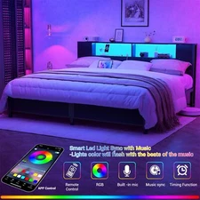 King/Queen/Full Size Bed Frame w/ Storage Headboard &Charging Station &LED Light