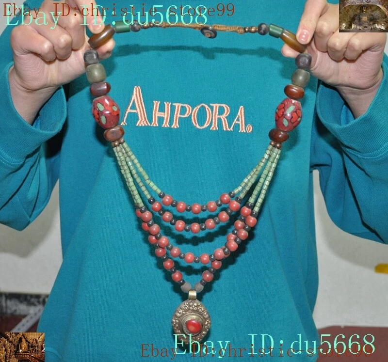 Старый тибетский буддизм тибетское серебро инкрустация драгоценный камень бирюзовый амулет подвеска ожерелье - Изображение 4 из 4