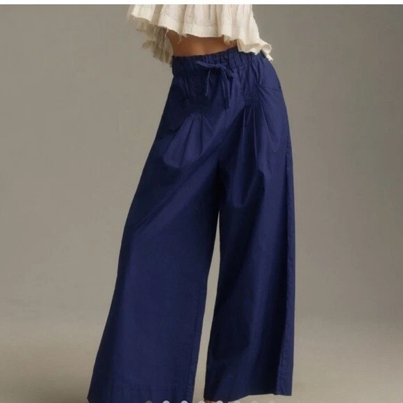 Pantalón Anthropologie Maeve Azul Marino Tiro Alto Utilitario Pierna Ancha Talla S