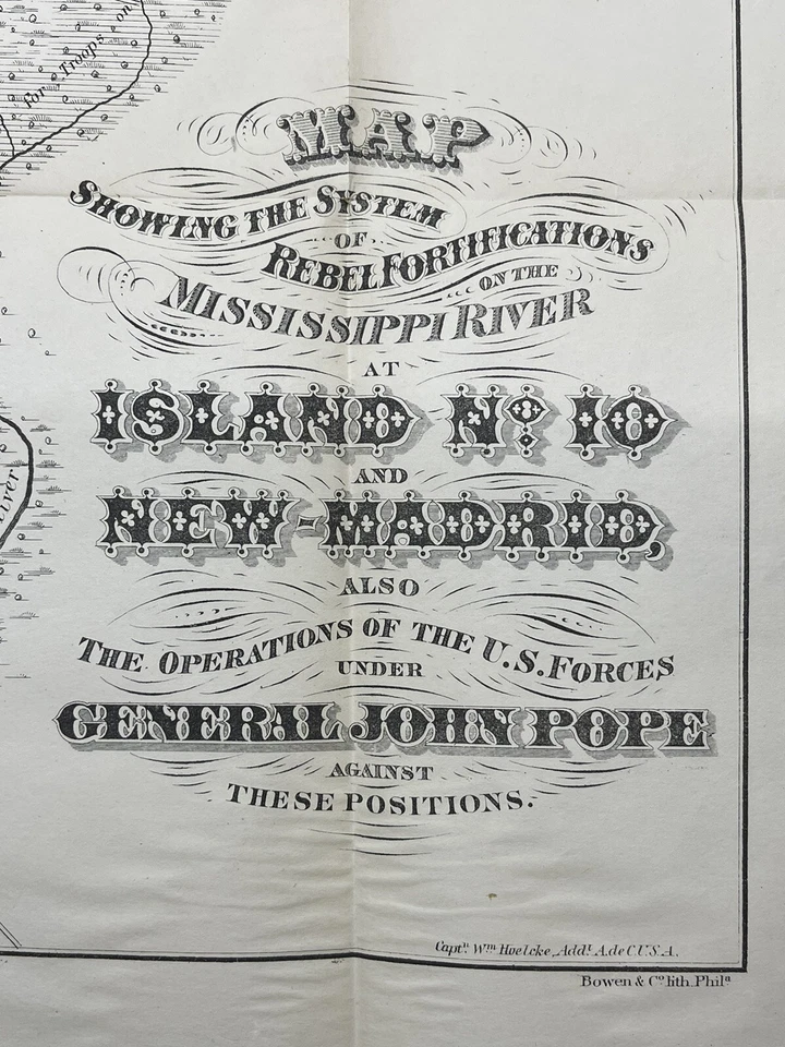 Mapa Bowen & Co. Litho Co. 1862 río Mississippi fortificaciones rebeldes ejército de la Unión Foto 2 de 4