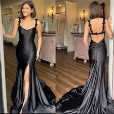 Black Mermaid Evening Dresses with Side Slit Straps Backless Party Prom Gown