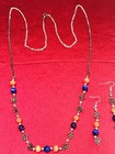Vintage Style Handmade Necklace Earring Set 34” Silver Tone Auburn Blue & Orange