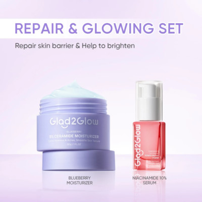 Glad2Glow 2 In 1 Basic Skincare Set Repair & Glowing Moisturizer Facial Serum