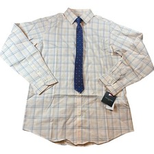 Van Heusen Boys Flex Dress Shirt and Tie Set Light Coral Sands Plaid L 14/16 NEW