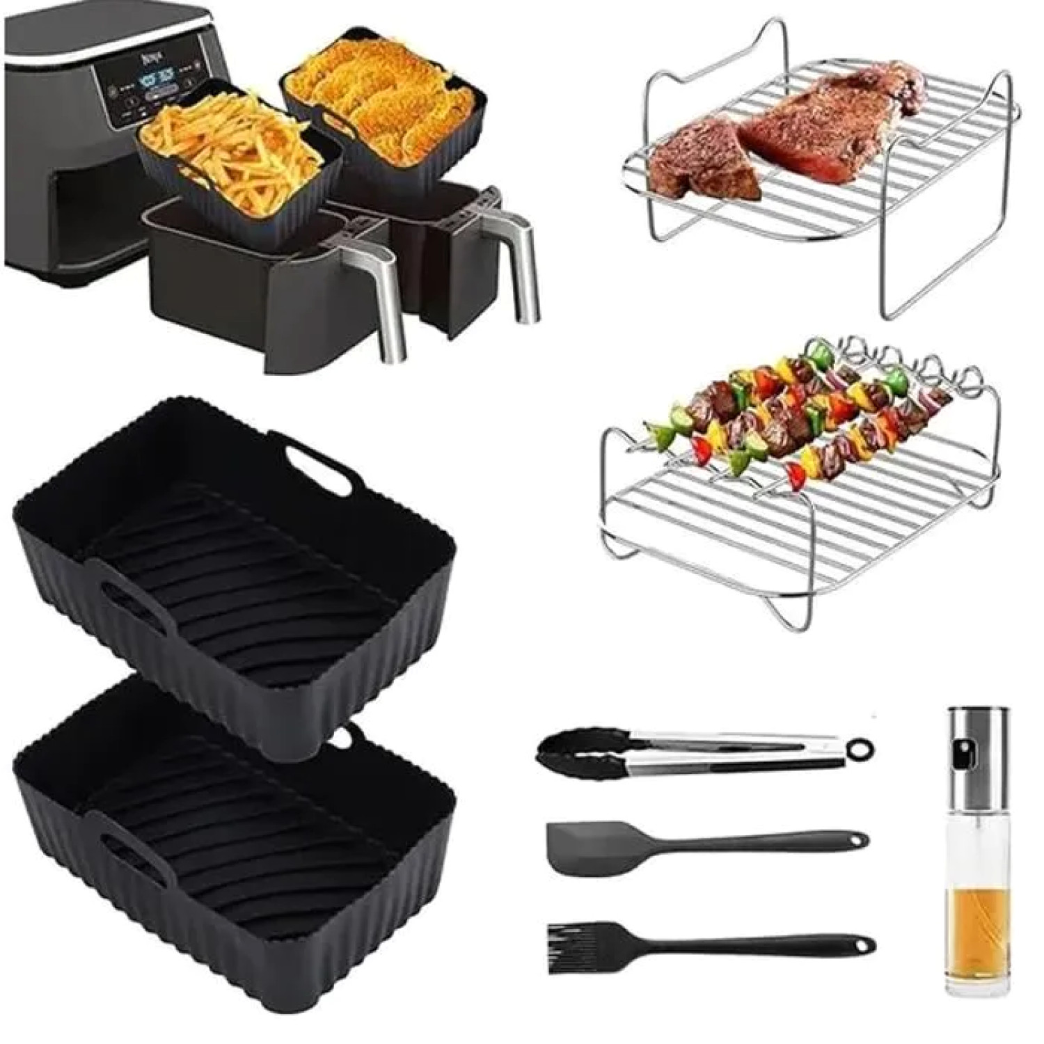 Kit 8 Accessoires pour Friteuse Air Chaud Ninja Foodi AF300 et AF400 en Silicone et Inox