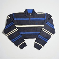 Vintage Nautica 90s Zip Neck Cotton Sweater Striped Sailing Preppy Style Size XL