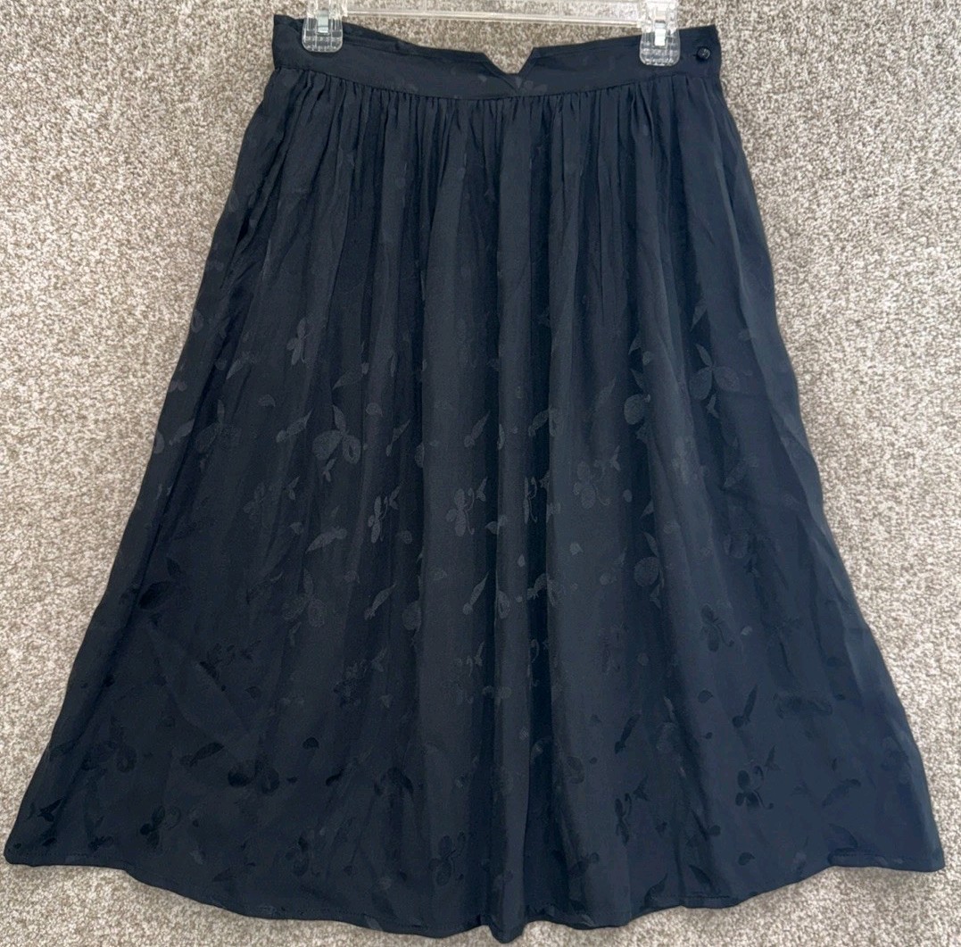 Valentino Studio Silk Patterned Skirt Womens Size 12 Black Midi Pockets