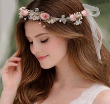 Blush Pink Bridal Floral Crown - Boho Adjustable Wedding Communion Headpiece