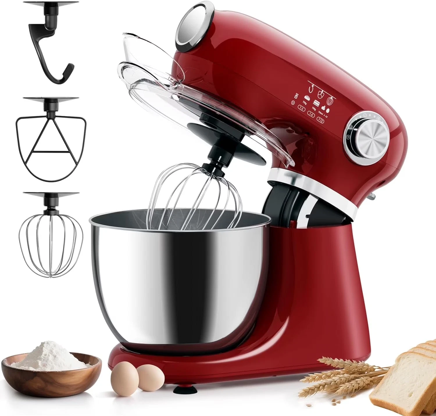 12 Speed Stand Mixer Tilt Head 5.3QT Stainless Steel Bowl Red Kitchen Mixer