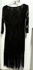 Unique Vintage Black Sequin Fringe Sheath Dress V-Neck 3/4 Cape Sleeve S