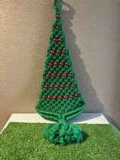 Vintage Handmade Macram  Christmas Tree Wall Hanging Red Beads 22  x10  Retro 70s