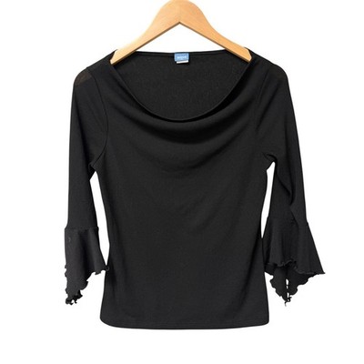 Vintage Active USA Bell Sleeve Top 1XL/L Black Cowl Neck Lettuce Trim Whimsigoth