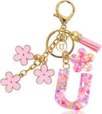 Resin Alphabet Initial Letter Keychain Tassel Flower Pendant Key Ring for Purse