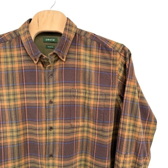 Orvis Regent Flannel Men XXL Pre-Owned Button Down Shirt Brown Plaid Classic Fit