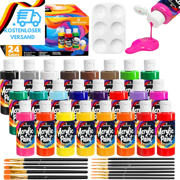 Winsons 24 Farben Acrylfarben-Set, 12 Pinseln, 1 Palette, Ungiftig, Wasserdicht,-image
