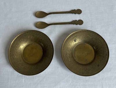  Antik Perser 2 Sets Messing Vintage Kupfer Tee Kaffee Untertassen mit Löffeln