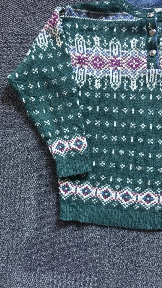 Vintage L.L. Suéter de Lana Bean Nordic Fair Isle Cuello Abotonado Verde Pequeño EE. UU. Foto 2 de 4