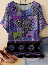 PLUS SIZE 22 PURPLE PAISLEY PATCHWORK TOP BLOUSE T SHIRT STRETCH SHORT SLEEVE