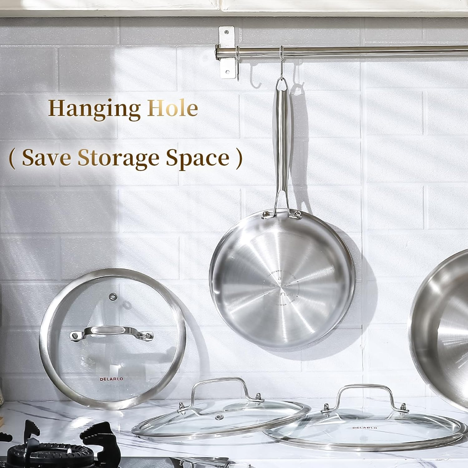 DELARLO Tri-ply Stainless Steel Frying Pan 10"+12"Set+Lid, Silver 