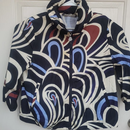 Giacca a vento Moncler geometrica colorata taglia 40 XL donna zip cappuccio giacca difetto