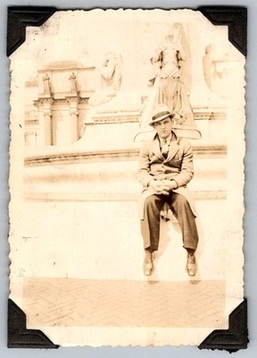 Vtg B&W Snapshot Dapper Man In Fedora Hat & Overcoat By Stone Monument 1930s