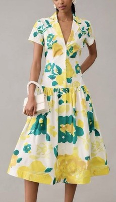 Tracy Reese Yellow Cotton Flounce Dress XS Mod 50 s Style Drop Waist Pockets