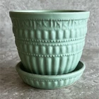 Small McCoy Mid-Century Art Pottery Green Ceramic Geometric Planter with Saucer