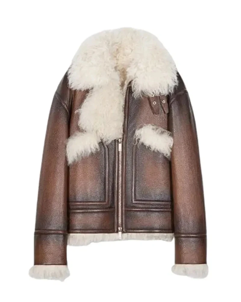 Men & Women Brown Premium Shearling Leather Jacket Sheepskin Fur Coats Winter