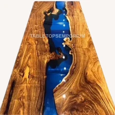 Blue Epoxy Resin Dining Table Top Live Edge Wood Conference Living Room Decors