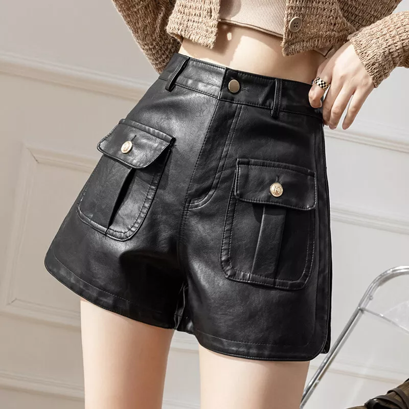 Ladies Faux Leather Shorts Hot Pants Wide Leg High Waist Punk Rock Dance Shorts