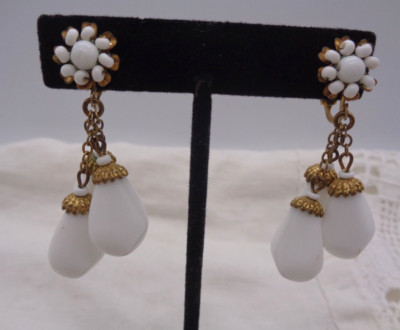 Vintage MIRIAM HASKELL Triple Dangle MILK GLASS Clip Screw Back EARRINGS