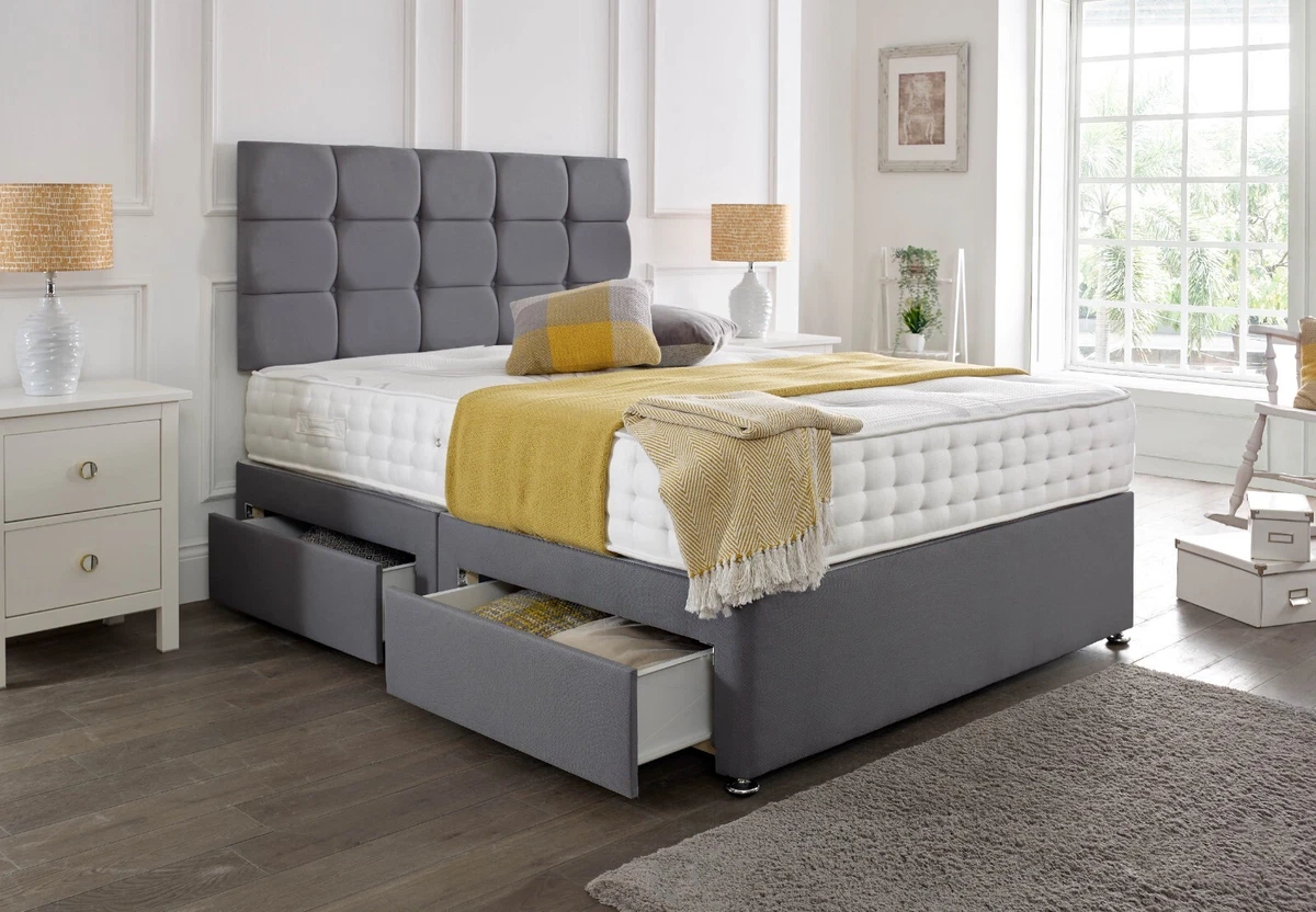 LUXURY GREY FABRIC DIVAN BED SET WITH MATTRESS HEADBOARD 4FT6 DOUBLE 5FT KING