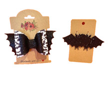 BLACK BAT HAIR Bow and Earring Set Halloween Faux Leather Handmade Glitter