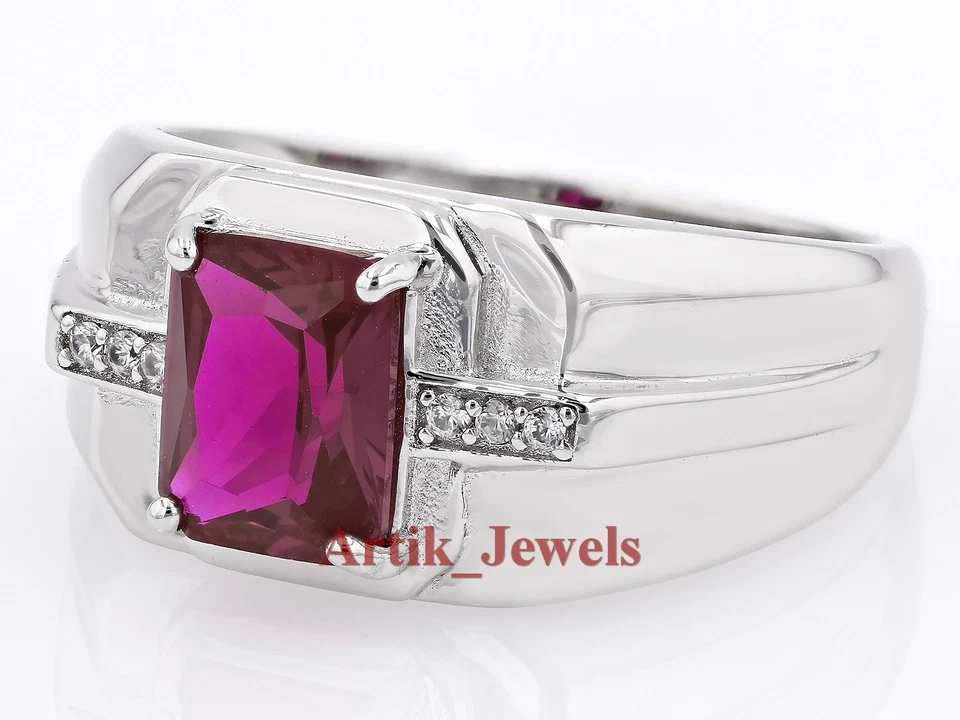 Künstlicher Rubin Edelstein Mit 14K Weiß Vergoldet Silber Ring für Herren #916 - Bild 2 von 4