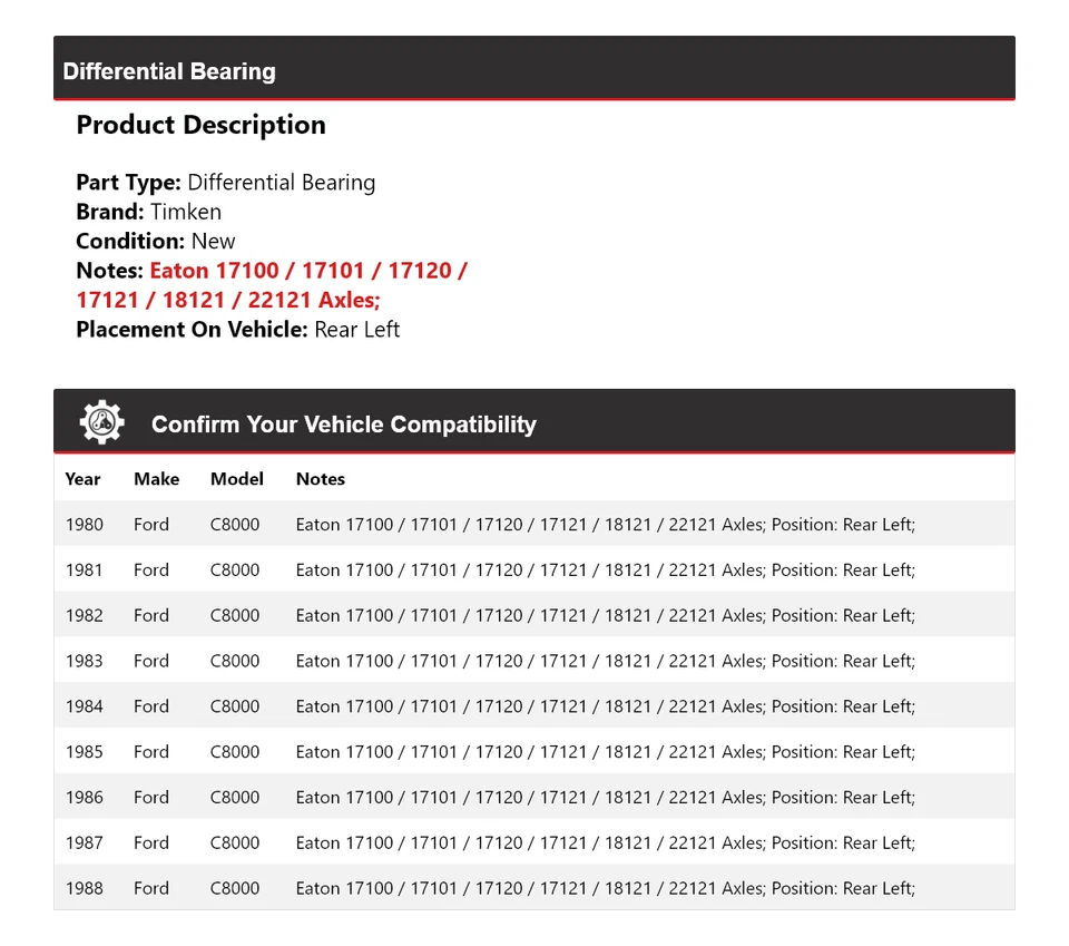 For 1980-1988 Ford C8000 Differential Bearing Rear Left Timken 1981 1982 1983 - Image 2 of 4