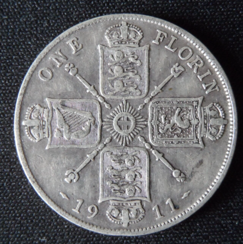 1911 George V Florin 0.925 Silver Good Grade Coin (NEF) - Zdjęcie 1 z 2