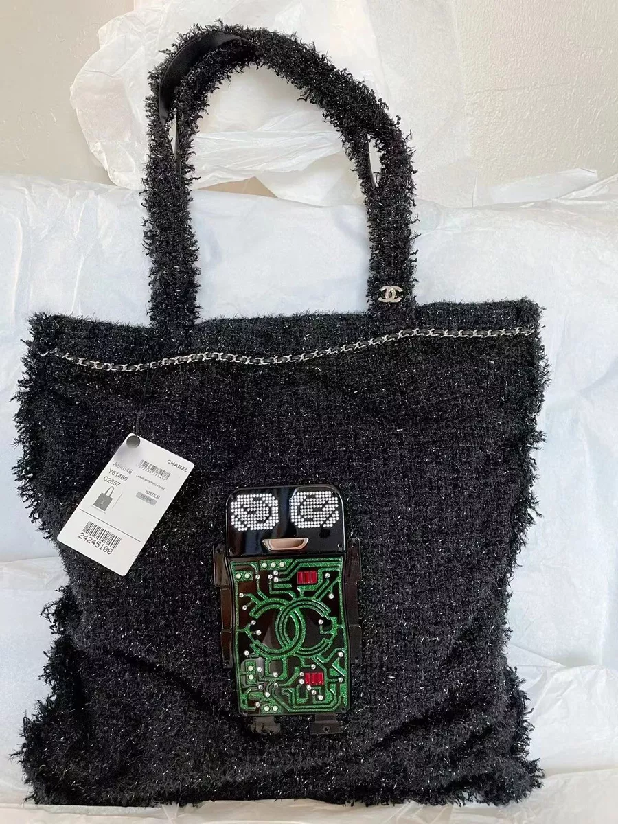 New CHANEL Shopping in Fabrics Robot Large Black Tweed Tote Bag