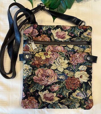 Patricia Nash Prizzi Tapestry Floral & Black Leather Crossbody Shoulder Bag
