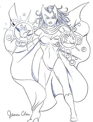 SCARLET WITCH COVER QUALITY ORIGINAL COMIC ART COLOR SKETCH ON CARD STOCK