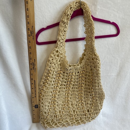 Cottagecore Ecru Tan Lined Crochet Tote Bag Purse Shoulder Boho Cottage Core - Picture 5 of 12